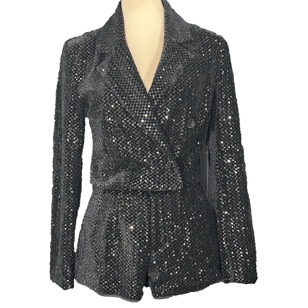 NWT Forever 21 Black Velvet Sequin Cropped Jacket S Short XS Lined Suit Set